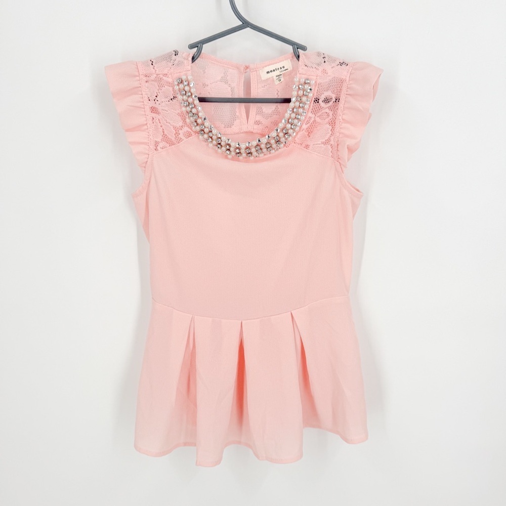 Monteau Pink Peplum Blouse with Lace Details